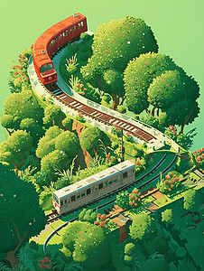 一列卡通火车绿色调唯美卡通风景背景图片