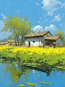 春天蓝天白云下湖边的一座小村庄背景图片