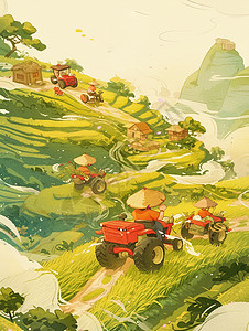 春天在田地间开着拖拉机农用车的农民们插画