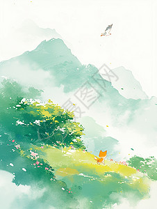 春天在田野间一只可爱的卡通小橘猫手绘风卡通插画背景图片