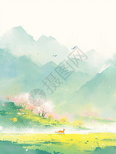 春天风景手绘插画一只可爱的卡通小橘猫手绘风卡通插画插画