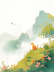 猫手人手田野间一只可爱的卡通小橘猫手绘画插画