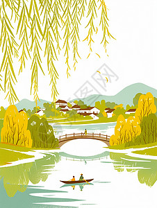 船行驶春天湖面上一艘小小的船在行驶唯美春天卡通风景插画