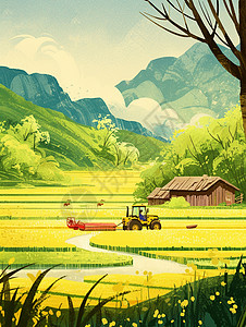 卡通农用机在田地间劳作行驶小小的卡通拖拉机插画
