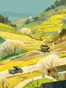 农用田地间劳作行驶小小的卡通拖拉机插画