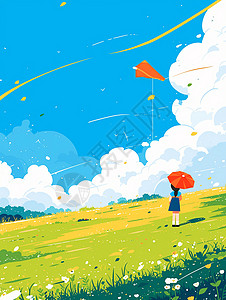 拿着风筝爷爷春分拿着小伞在山坡上散步的卡通人物插画