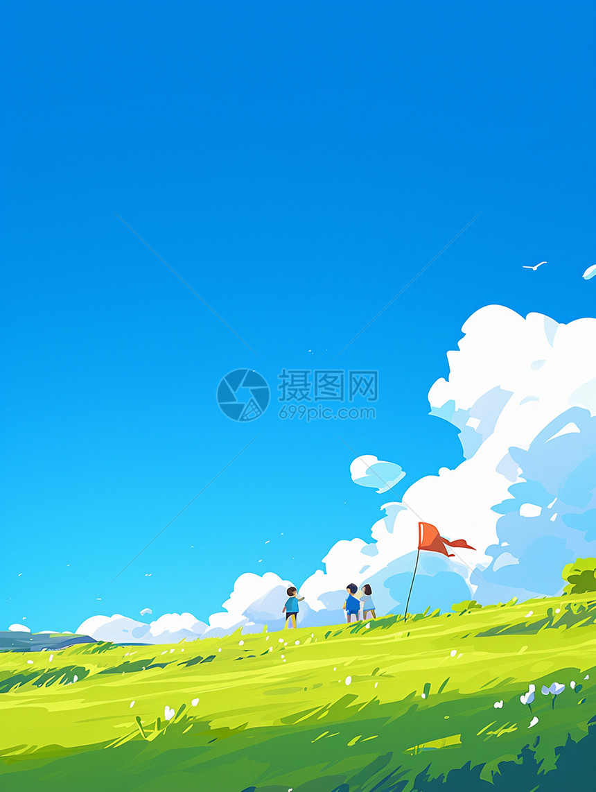春天在蓝天白云下郊游放风筝的小小的卡通人物图片