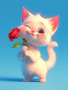一支红色玫瑰花手拿红色玫瑰花可爱的卡通小猫插画