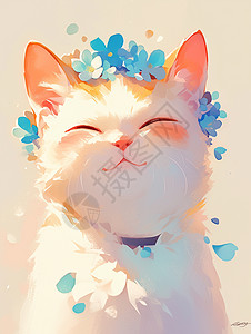 蓝色的猫面带微笑可爱的卡通小白猫插画