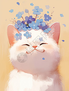 人民大会堂顶面带微笑可爱的卡通小猫头上顶着蓝色小花插画