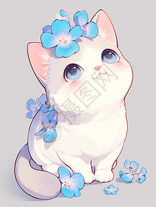 仙姑顶面带微笑可爱小猫头上顶着很多蓝色小花插画