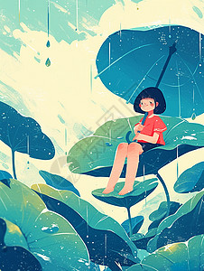 撑着小伞欣赏雨景的可爱卡通小女孩高清图片