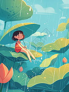 欣赏雨景的可爱卡通小女孩背景图片