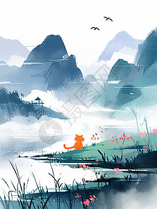 蹲坐在草丛中的一直卡通小猫背影水墨风插画背景图片