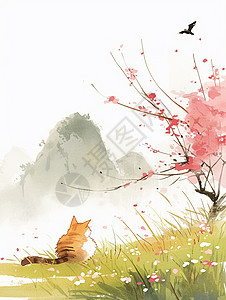春天蹲坐在草丛中的一直卡通小猫背影水墨风插画背景图片