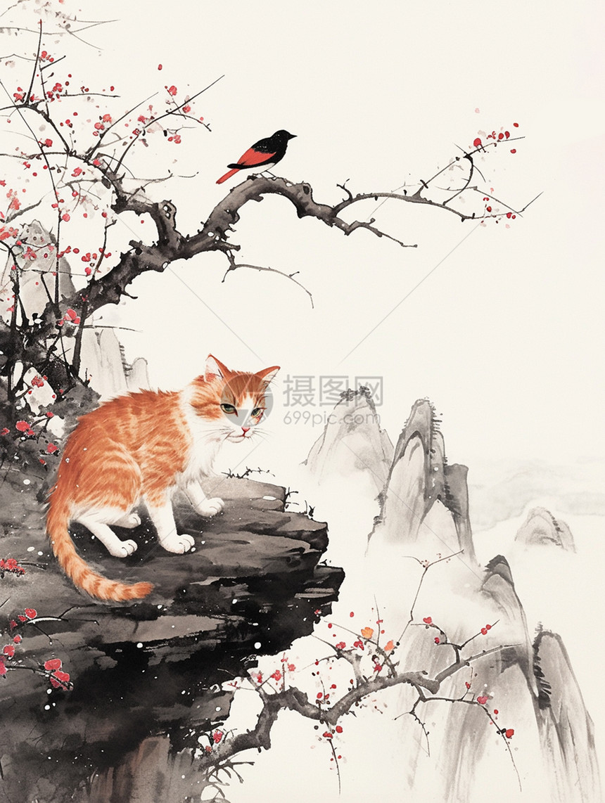 站在高高的悬崖上一只可爱的卡通小橘猫水墨风景画图片