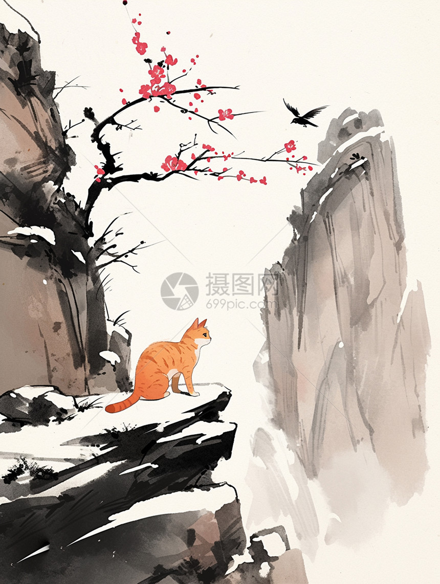 一只可爱的卡通小橘猫水墨风景画图片