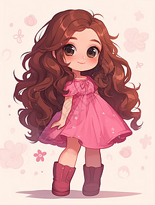 粉色连衣裙可爱的长卷发卡通女孩插画