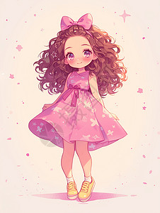 头顶粉色大大蝴蝶结穿粉色蓬蓬裙的可爱卡通小女孩插画