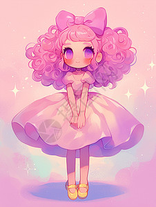 头顶粉色蝴蝶结穿粉色蓬蓬裙的可爱卡通小女孩插画