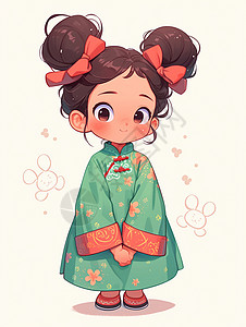 古风汉服中国风小女孩拿糖葫芦穿着绿色古风装扮扁平风可爱的卡通小女孩插画