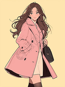 穿风衣女孩穿着粉色风衣外套走路的时尚卡通女孩插画