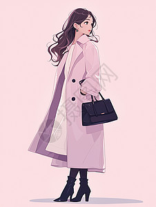 韩版长款素材穿着长款粉色风衣时尚卡通女人插画