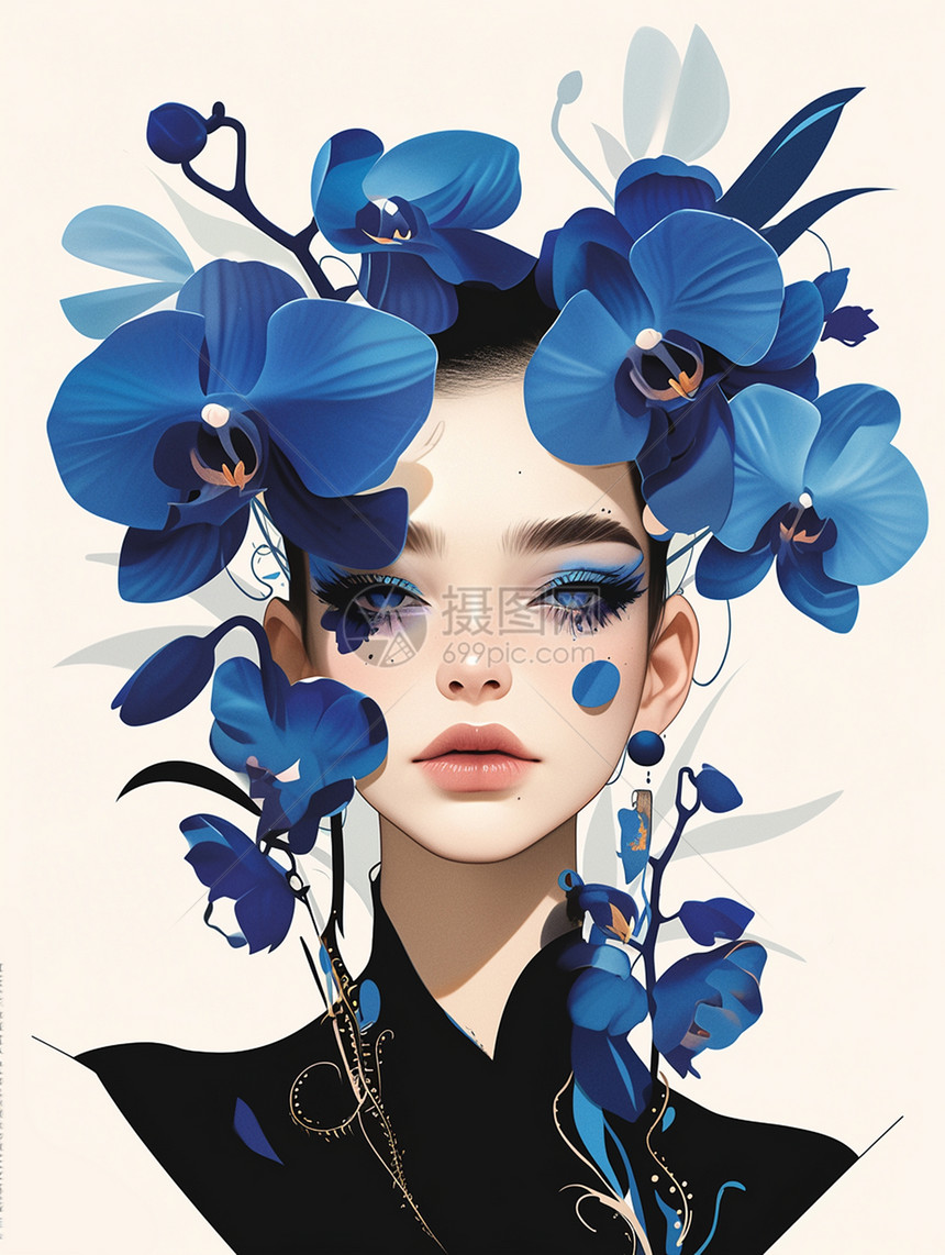 头戴蓝色花朵装饰的扁平风卡通女人头像图片
