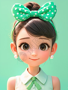 绿色卡通蝴蝶结头上戴着绿色波点蝴蝶结发卡可爱的卡通小女孩插画