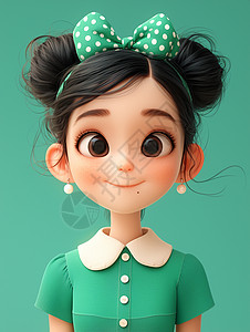 头上戴着绿色蝴蝶结发卡可爱的卡通小女孩背景图片