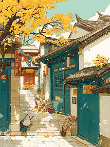 中医门有绿色大门的卡通古风建筑旁有开着黄色花朵的树与小花插画