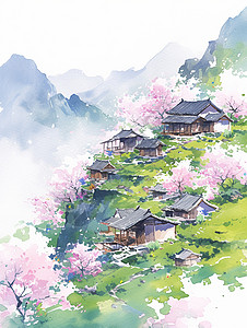 风山水画山上几座卡通古风小山村盛开桃花风景画插画