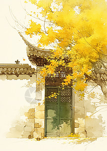 绿色大门古风老屋旁盛开着黄色小花的树高清图片