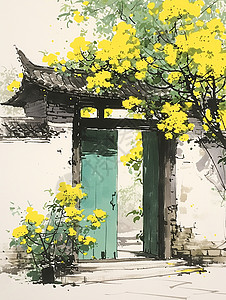 绿色大门旁盛开着黄色小花的树背景图片