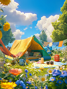 在漫山遍野的花海草地上驻扎这一个黄色露营帐篷背景图片