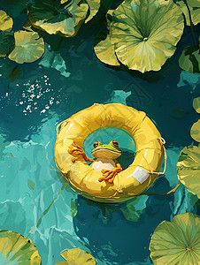 戴游泳圈青蛙躺在荷塘里的卡通小青蛙插画