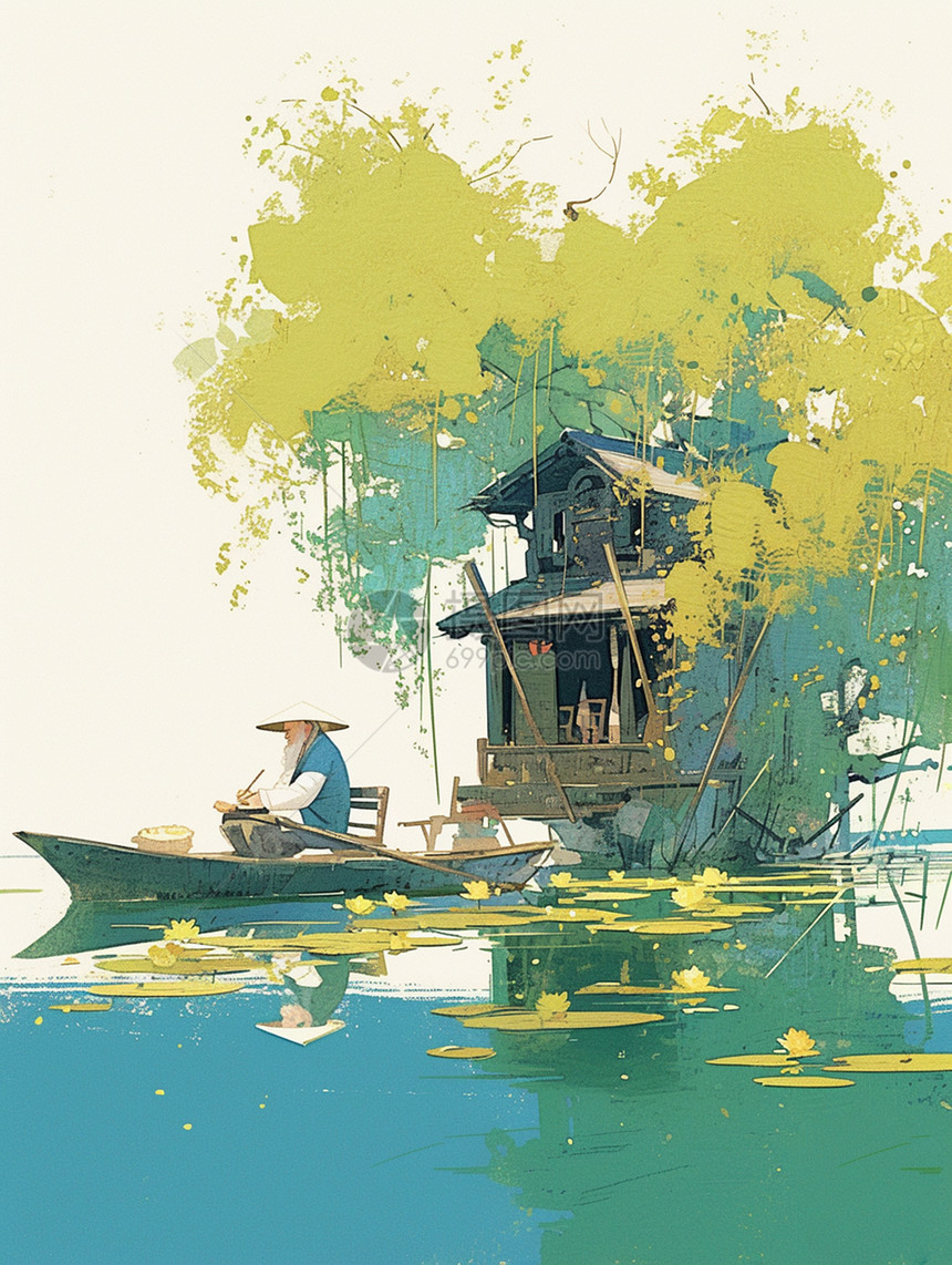 坐在小船上在河中划船的卡通老爷爷图片