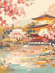 开粉色桃花湖边一座卡通小亭子背景图片