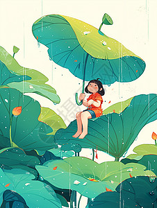 坐在荷叶上的女孩坐在荷叶上打着伞欣赏雨景的卡通小女孩插画