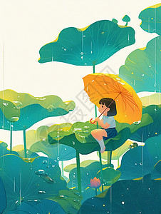 雨中打着伞欣赏雨景的卡通小女孩背景图片