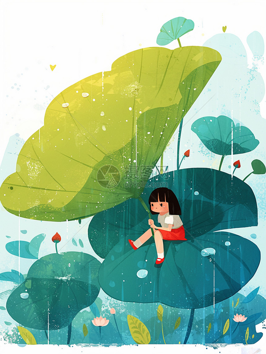 坐在荷叶上打着伞欣赏雨景的小女孩图片