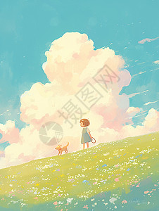 春天在蓝天白云下一个小女孩在绿色的卡通山坡上遛狗背景图片