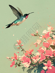 盛开的卡通桃花枝旁一只正在飞着的卡通小鸟背景图片