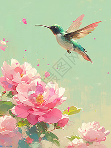 粉色盛开的卡通桃花枝旁一只卡通小鸟高清图片