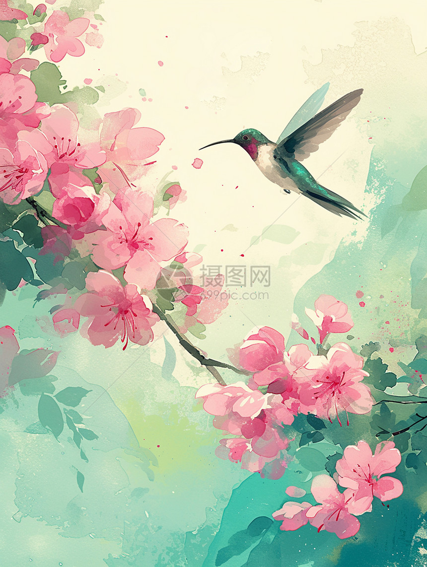 粉色盛开的卡通桃花枝旁一只正在飞着的卡通小鸟图片