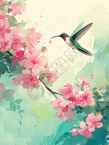 粉色盛开的卡通桃花枝旁一只正在飞着的卡通小鸟背景图片