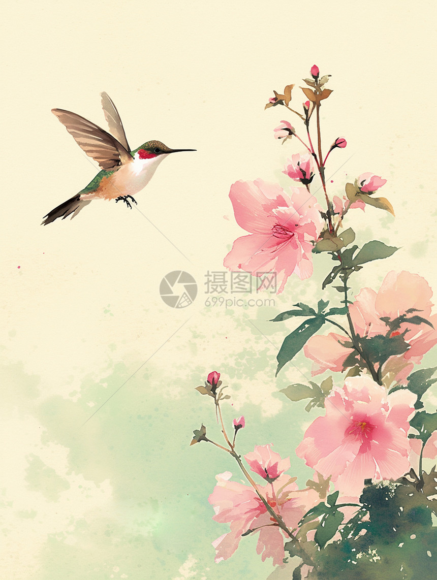 春天飞在粉色盛开的桃花旁一只可爱的卡通小蜂鸟图片