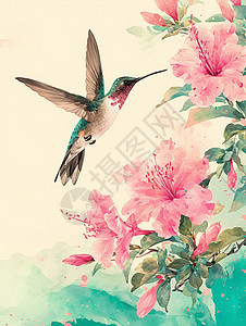 桃树上的小鸟桃花旁一只可爱的卡通小蜂鸟插画