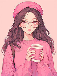 喝咖啡女穿着粉色上衣头戴粉色帽子手拿饮品的时尚卡通女孩插画