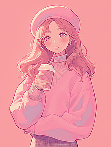 青年男性喝咖啡头戴粉色帽子手拿饮品的时尚卡通女孩插画